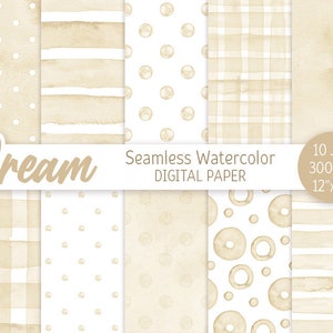 Crème Beige Seamless Pattern Aquarelle Polka Dot Light Beige Digital Paper Pack Imprimable Scrapbooking Paper Aquarelle Stripes Background