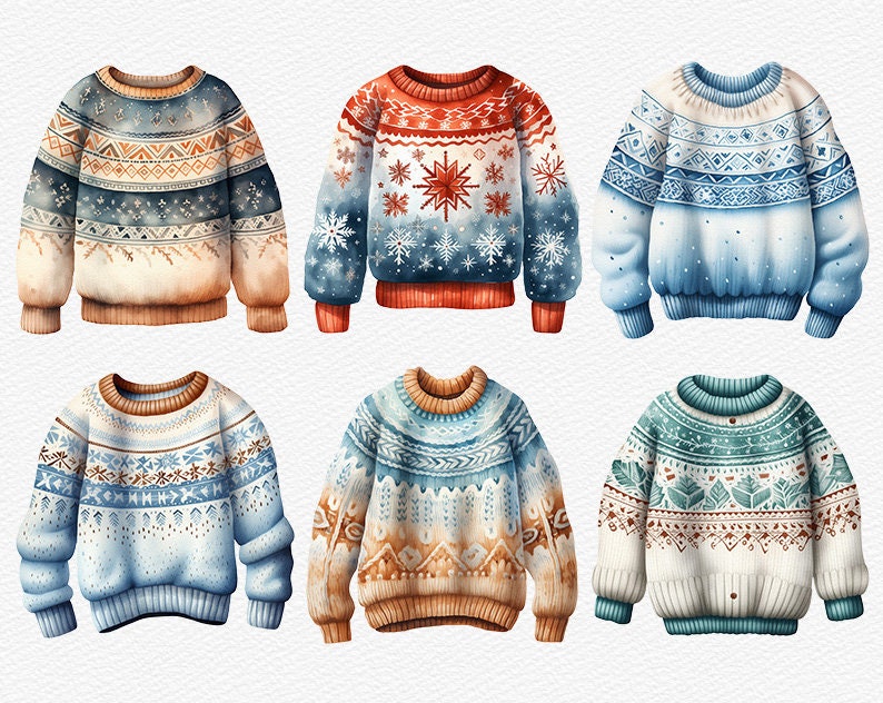 Watercolor Winter Sweater Clipart Bundle Ugly Christmas Sweater PNG ...
