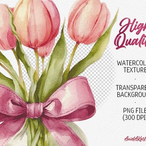 Pink Tulip Clipart, Watercolor Flowers Clipart, Scrapbooking Clipart ...