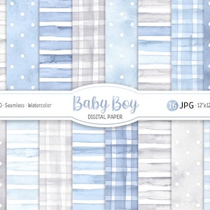 Baby Boy Seamless Pattern Watercolor Digital Paper Pack Dusty Blue Tones Pastel Abstract Printable Scrapbooking Paper Newborn background