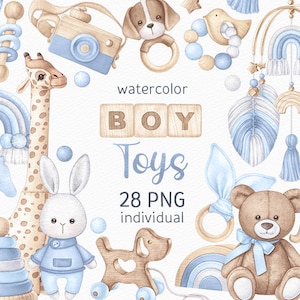 Acquerello Baby Boy Clipart Blue Baby Shower PNG Neonato Clipart Dipinto a mano Cute Boho Nursery Toys Compleanno PNG Acquerello Download digitale