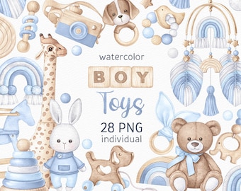 Watercolor Baby Boy Clipart Blue Baby Shower PNG Newborn Clipart Handpainted Cute Boho Nursery Toys Birthday PNG Watercolor Digital Download