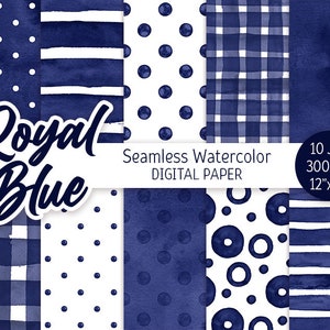 Royal Blue Seamless Pattern Watercolor Polka Dot Digital Paper Pack Party Fondo imprimible Acuarela Rayas textura scrapbook papel