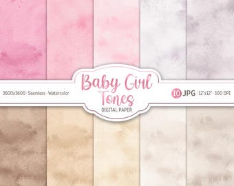 Baby Girl Digital Paper Pack Watercolor Blush Pink Tones Pastel Seamless Pattern Abstract Printable Scrapbooking Paper Newborn background