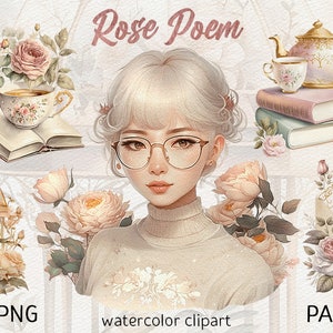 Acquerello Rose Poem Clipart Bundle Light academia PNG Libreria Floreale Libro clipart Libreria Fiore romantico Angolo lettura Estetica accogliente