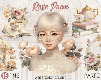 Watercolor Rose Poem Clipart Bundle Light academia PNG Bookshelf Floral Book clipart Bookcase Romantic Flower Reading Nook Cozy aesthetic