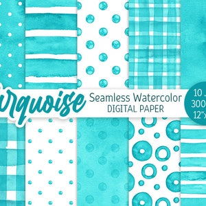 Turquoise Seamless Pattern Aquarelle Polka Dot Digital Paper Pack Printable Wedding background Aquarelle Rayures Baby shower texture