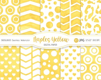 Naples Yellow Digital Paper Pack Watercolor Confetti Printable Scrapbooking Paper Heart background Leopard Animal Print Chevron texture