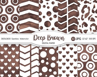 May include: Ten digital paper designs in brown and white featuring various patterns including circles, hearts, chevrons, and leopard print. The text "Deep Brown Digital Paper" is included in the image.