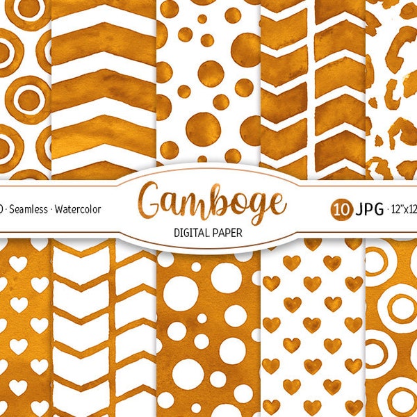 Gamboge Yellow Digital Paper Pack Watercolor Printable Scrapbooking Paper Heart background Leopard Animal Print Chevron Texture Confetti