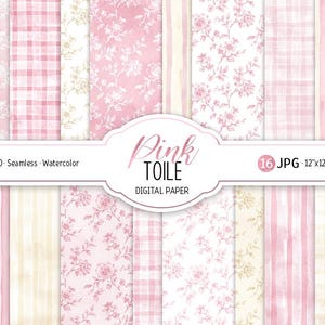 Puede incluir: Un conjunto de 16 papeles digitales con varios diseños rosas, incluyendo florales, cuadros y rayas. Los papeles miden 30,48 cm x 30,48 cm y tienen 300 DPI. Se muestra el texto "Pink TOILE DIGITAL PAPER".