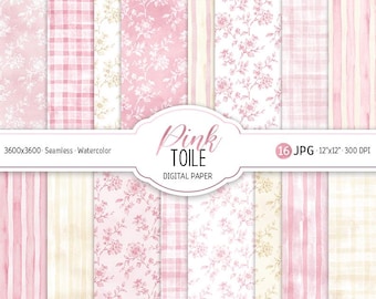 Rosa Toile Digitalt Papper Coquette Sömlösa Mönster Blommig Akvarell Preppy Bakgrunder Scrapbook Papper Baby Shower Barnrum Utskrivbart