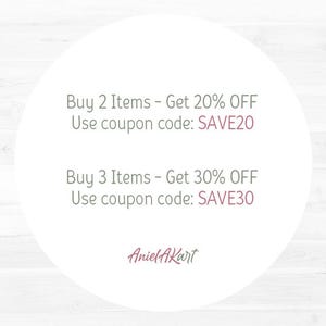 May include: White circular graphic with text offering discounts: Buy 2 Items - Get 20% OFF, use coupon code SAVE20; Buy 3 Items - Get 30% OFF, use coupon code SAVE30. The graphic also includes the artist's signature.