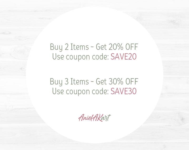 May include: White circular graphic with text offering discounts: Buy 2 Items - Get 20% OFF, use coupon code SAVE20; Buy 3 Items - Get 30% OFF, use coupon code SAVE30. The graphic also includes the artist's signature.