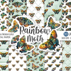 Aquarell Regenbogen Motte Digitales Papier Pack Mystisch Motte Nahtloses Muster Kinderzimmer Dekor Druckbares Scrapbooking Salbei Schmetterling Hintergrund