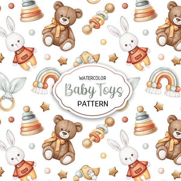 Watercolor Baby Toys Seamless Pattern Nursery background Cute Baby Shower PNG Kids Printable Digital Scrapbooking Paper Newborn fabric JPG