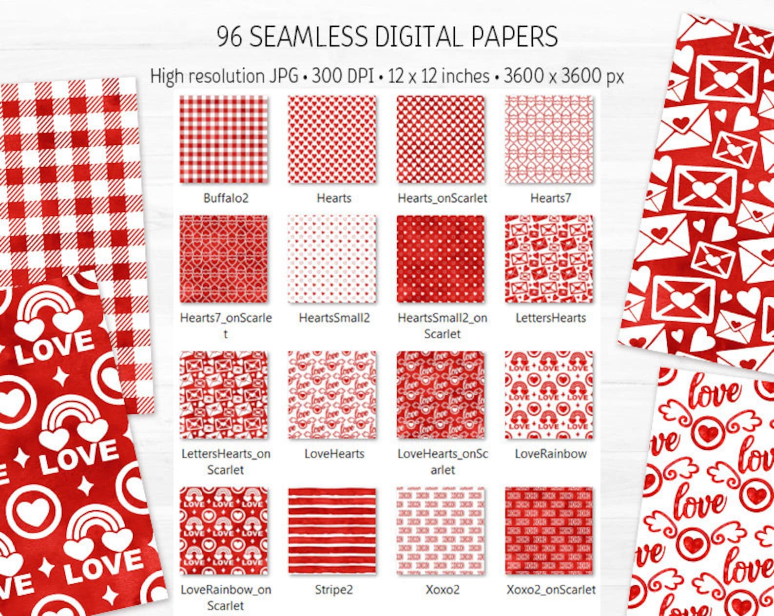 Red White Valentine Day Digital Paper Bundle Watercolor Love Seamless ...