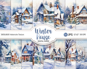 Watercolor Winter Digital Paper Pack Winter House Printable Scrapbooking Paper Winter landscape background Commercial use Instant Download