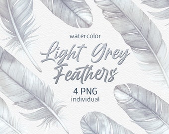 Watercolor Light Gray Feather Clipart Exotic Boho Hand painted White Bohemian clip art Digital Scrapbooking set Wedding decor commercial use