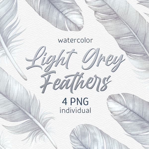 Watercolor Light Gray Feather Clipart Exotic Boho Hand painted White Bohemian clip art Digital Scrapbooking set Wedding decor commercial use