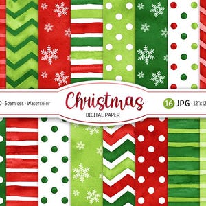 Paquet de papier numérique Noël flocons de neige aquarelle motif sans couture à pois papier scrapbooking imprimable rayures rouges chevron fond