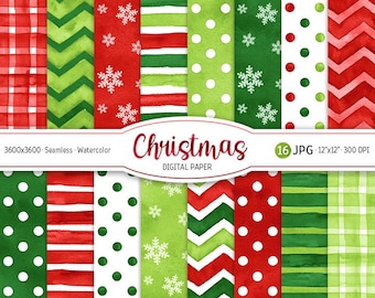 May include: 16 digital papers featuring Christmas themed patterns in red, green, and white. The patterns include polka dots, stripes, gingham, snowflakes, and chevron. The papers are seamless and watercolor.