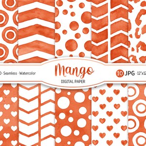 May include: Set of 10 digital papers featuring seamless watercolor patterns in shades of orange and white. The patterns include circles, hearts, chevrons, and polka dots.
