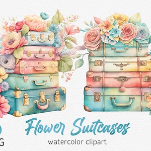 Koffer Clipart Aquarell Reise Clipart Blumen Koffer PNG Vintage Floral Gepäck Sublimation Design Urlaub Scrapbook kommerzielle Nutzung