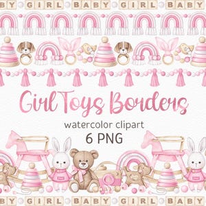 Aquarela Boho Bebê Menina Brinquedos Sem Costura Borda Clipart Bonito Berçário Desenhos Rosa Chá De Bebê PNG Pintado À Mão Crianças Clipart De Madeira Eco Recém-nascido