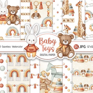 Boho Baby Digital Paper Pack Nursery Acquerello Baby Toys Seamless Pattern Cute Baby Shower Carta stampabile Scrapbooking Sfondo neonato