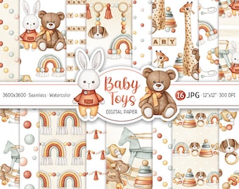 Boho Baby Digital Paper Pack Nursery Watercolor Baby Toys Seamless Pattern Cute Baby Shower Printable Scrapbooking Paper Newborn background