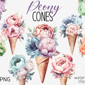 Aquarell Pfingstrose Zapfen Clipart Pfingstrose Eistüte PNG Bundle Floral Sublimation Blume Clipart Sommer Hochzeit sofortiger Download Kommerziell