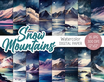 Watercolor Snow Mountains Digital Paper Pack Landscape Printable Scrapbooking Paper Wedding Invitations Winter background digital download