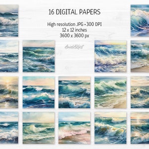May include: 16 digital papers featuring watercolor paintings of ocean waves in shades of blue, green, and white. The papers are 12 inches by 12 inches and 300 DPI.