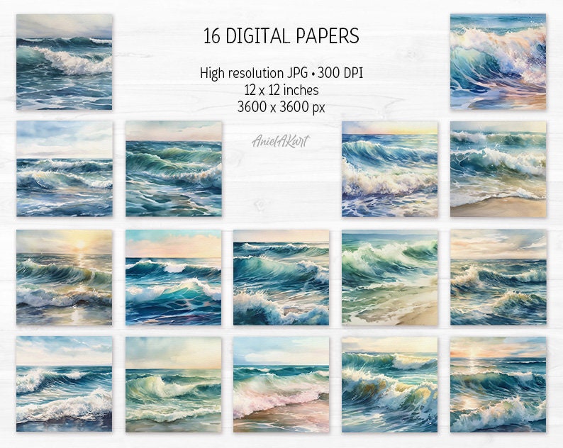 May include: 16 digital papers featuring watercolor paintings of ocean waves in shades of blue, green, and white. The papers are 12 inches by 12 inches and 300 DPI.