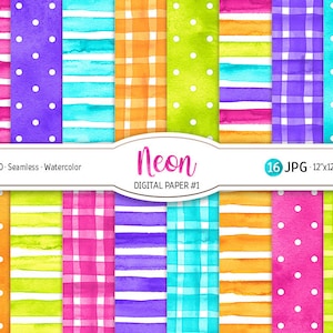 Neon Digital Paper Pack Watercolor Polka Dot Seamless Pattern Vibrant Printable Scrapbooking Paper Watercolor Stripes Rainbow background