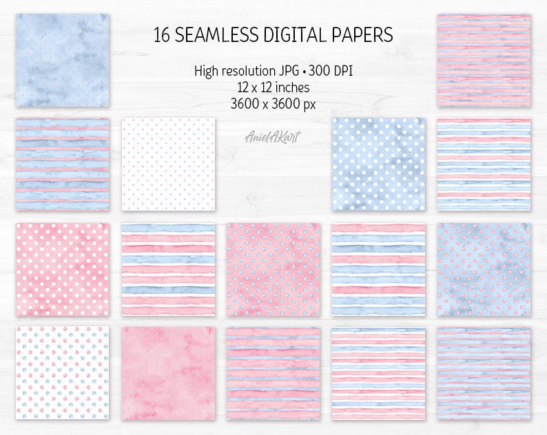 Blush Pink and Blue Seamless Pattern Watercolor Polka Dot Digital Paper ...