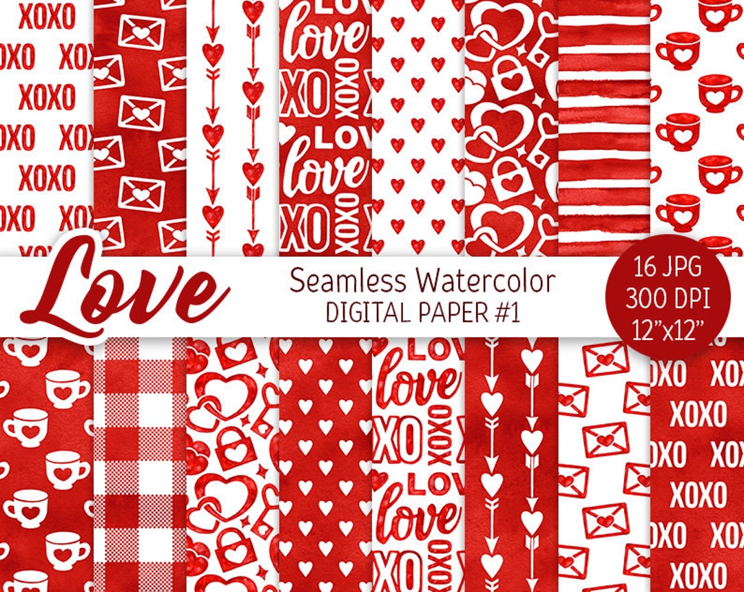 Red & White Valentine Day Digital Paper Pack Watercolor Love Seamless ...