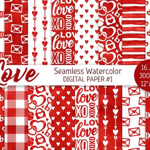Rood &wit Valentijnsdag Digitaal Papier Pack Aquarel Liefde naadloos patroon Hart Afdrukbare Scrapbooking Papieren letter achtergrond xoxo 14
