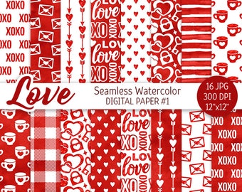 Red & White Valentine Day Digital Paper Pack Watercolor Love Seamless Pattern Heart Printable Scrapbooking Paper letter background xoxo 14