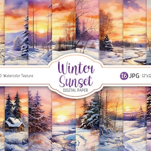 Pakiet papieru cyfrowego akwarelowego Sunset Winter Sunset do druku Scrapbooking Paper Wieczorne słońce Tło krajobrazu Użytek komercyjny Pobierz