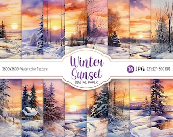 Pacote de papel digital aquarela pôr do sol inverno pôr do sol para impressão scrapbooking papel noite sol paisagem fundo uso comercial baixar