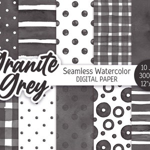 Dark Grey Seamless Pattern Watercolor Polka Dot Grey Digital Paper Pack Printable Scrapbooking Paper Stripes texture Grey Gingham background