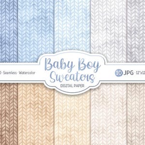 Pack de papier numérique pull bébé garçon aquarelle bleu poussiéreux pastel transparente motif tricot confortable papier scrapbooking imprimable fond nouveau-né