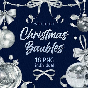 Christmas clipart Watercolor Ribbon Clipart Christmas Decor Silver baubles Individual Silver Balls bow holiday essentials winter clipart
