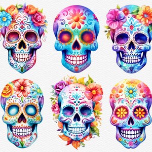 May include: Six colorful sugar skulls with intricate floral designs and patterns. The skulls are painted in vibrant colors, including pink, blue, green, yellow, and orange. The flowers are also painted in a variety of colors, including red, white, and purple.