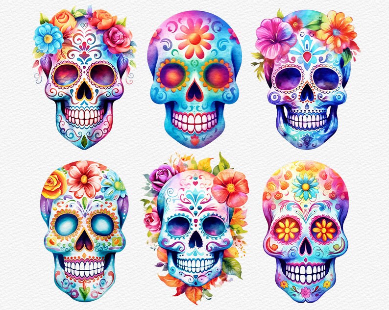 May include: Six colorful sugar skulls with intricate floral designs and patterns. The skulls are painted in vibrant colors, including pink, blue, green, yellow, and orange. The flowers are also painted in a variety of colors, including red, white, and purple.