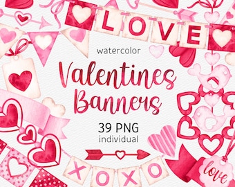 Watercolor Valentine&#39;s Day Clipart Handpainted Romantic Bunting Tag PNG Pink Heart Banners Love clipart Wedding garland instant download