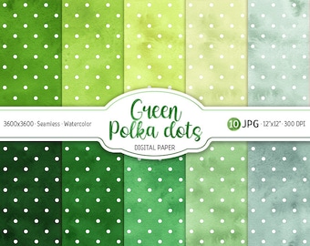 May include: A digital paper set featuring ten different green watercolor backgrounds with white polka dots. The image includes a variety of shades, from dark to light green, with a seamless design. The text on the image reads "Green Polka dots DIGITAL PAPER".