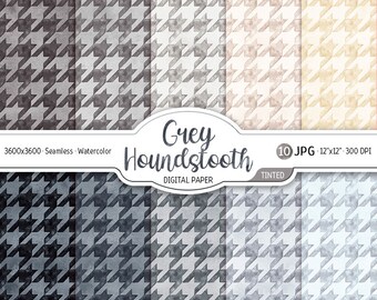 Paquete de papel digital de pata de gallo teñido de gris acuarela, patrón sin costuras gris, texturas de fondo negro, diseño de papel de Scrapbooking imprimible